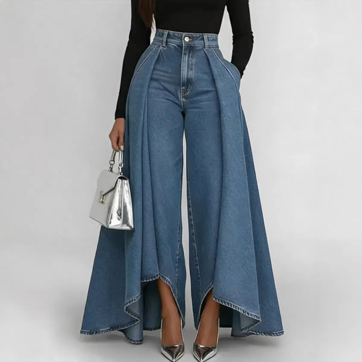 Women High Waist Faux Denim Wide Leg Pants Button Decor Big Swing Flared Straight Long Trousers With Side Overlay