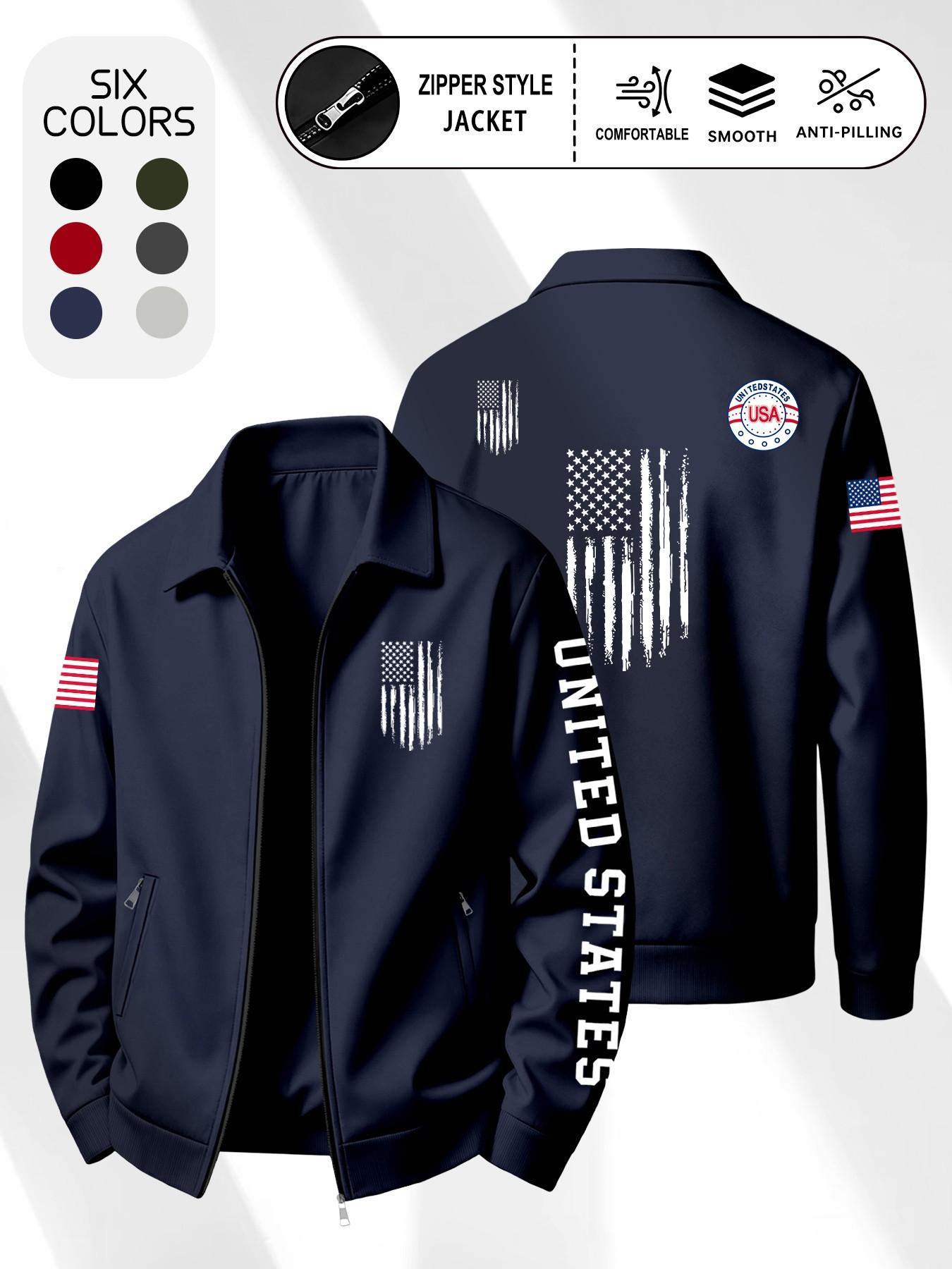 Men's Vintage Usa Flag Print Jacket, Menswear Lapel Collar Zipper Long Sleeve Outerwear, Loose-Fit Casual Coat, Spring & Fall, Multiple Colors Available