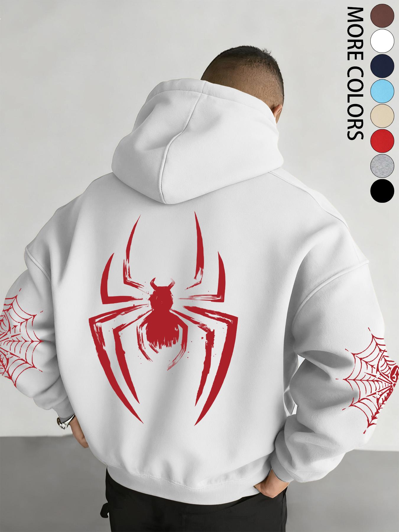 Men's Fall/Winter Spider-Print Hooded Sweatshirt with Drawstring and Kangaroo Pocket, Casual Street Fashion Hoodie, Casual Streetwear Hoodie, Comfortable Fabric, Fitted Graphic Sweatshirts