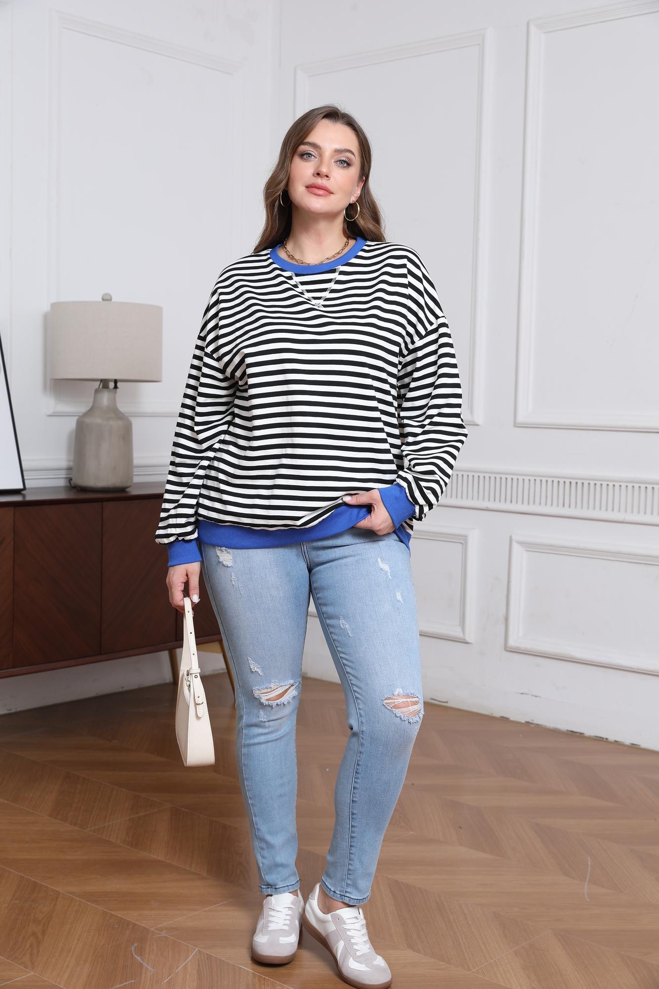 Women's Oversized Loose Ribbed Striped Long-Sleeve Crewneck Sweatshirt, 2025 Fall Fashion Casual Breathable Comfortable Spandex Pullover Top, Y2K Trendy Women's Hoodies & Tops
