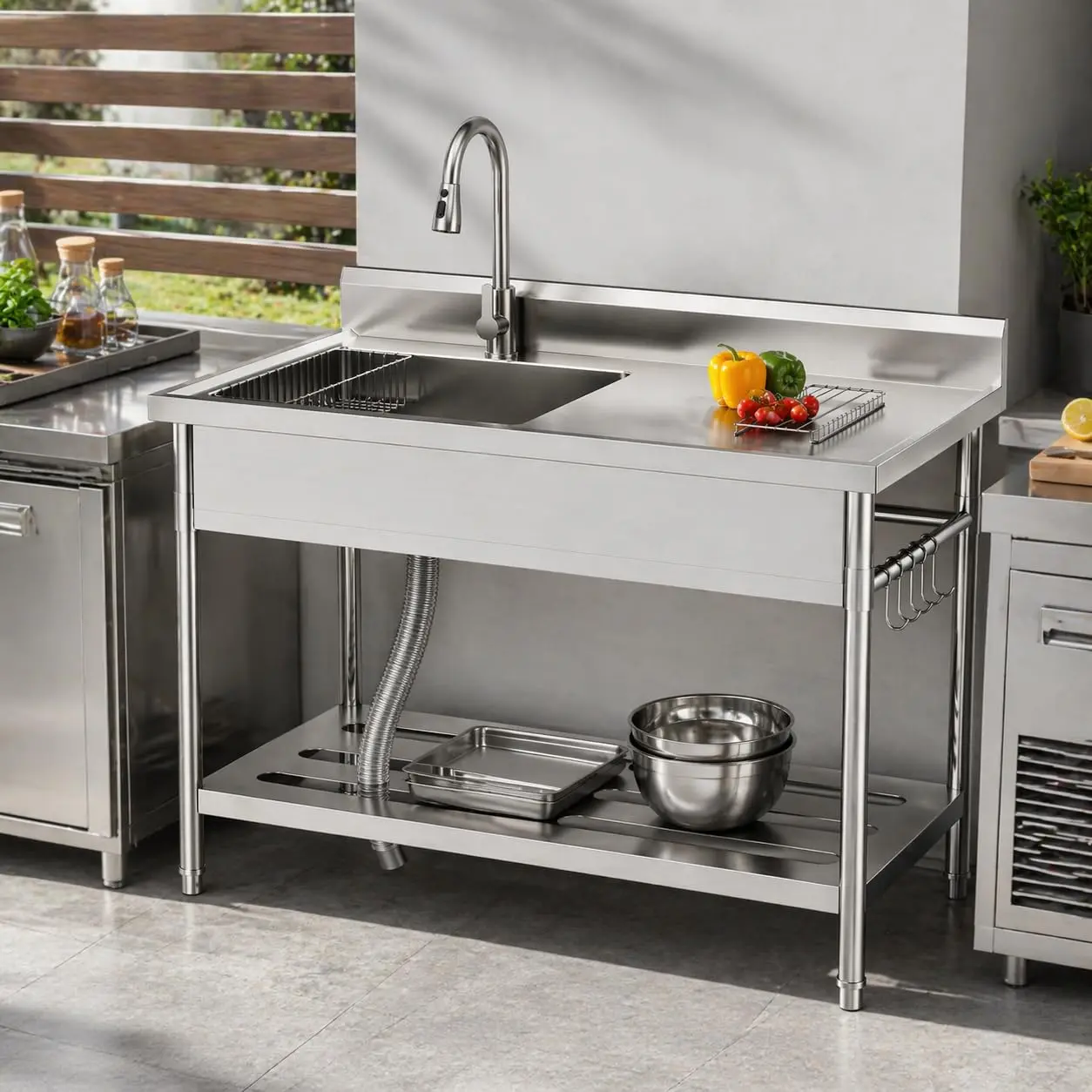 Freestanding Utility Sink with Single Bowl Side Drainboard and Swivel Faucet Laundry Tub with Hot Cold Water for Garage Basement Kitchen Washing Station