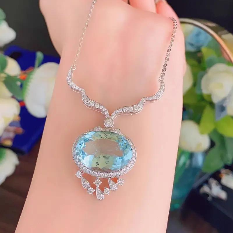 Temperament Elliptical Pigeon Egg Sea Blue Synthetic Zircon Plated Platinum Clavicle Chain Pendant Necklace Women's Jewelry