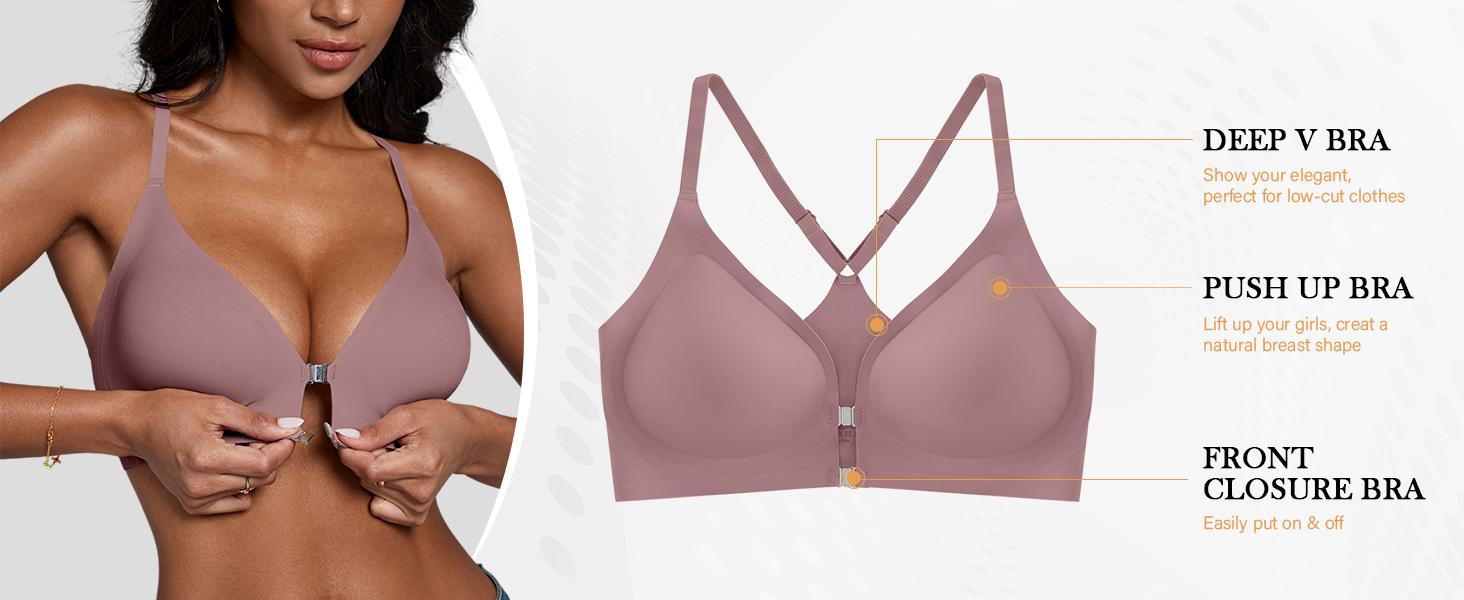 Deangelmon Women’s Magnetic Front Closure Wirefree Bra, Easy On & Off, Light Support, Deep V-Neck Racerback, Stretchy Comfy Bralette