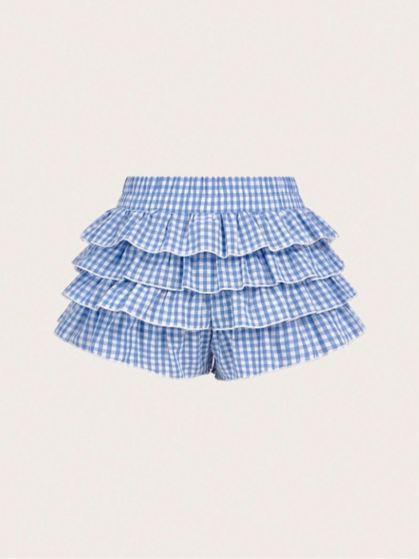 Casual Low Waist Plaid   Ruffle Hem Women's Shorts, Checkered Shorts, Women's Shorts for Summer, Perfect for School and Daily Wear
