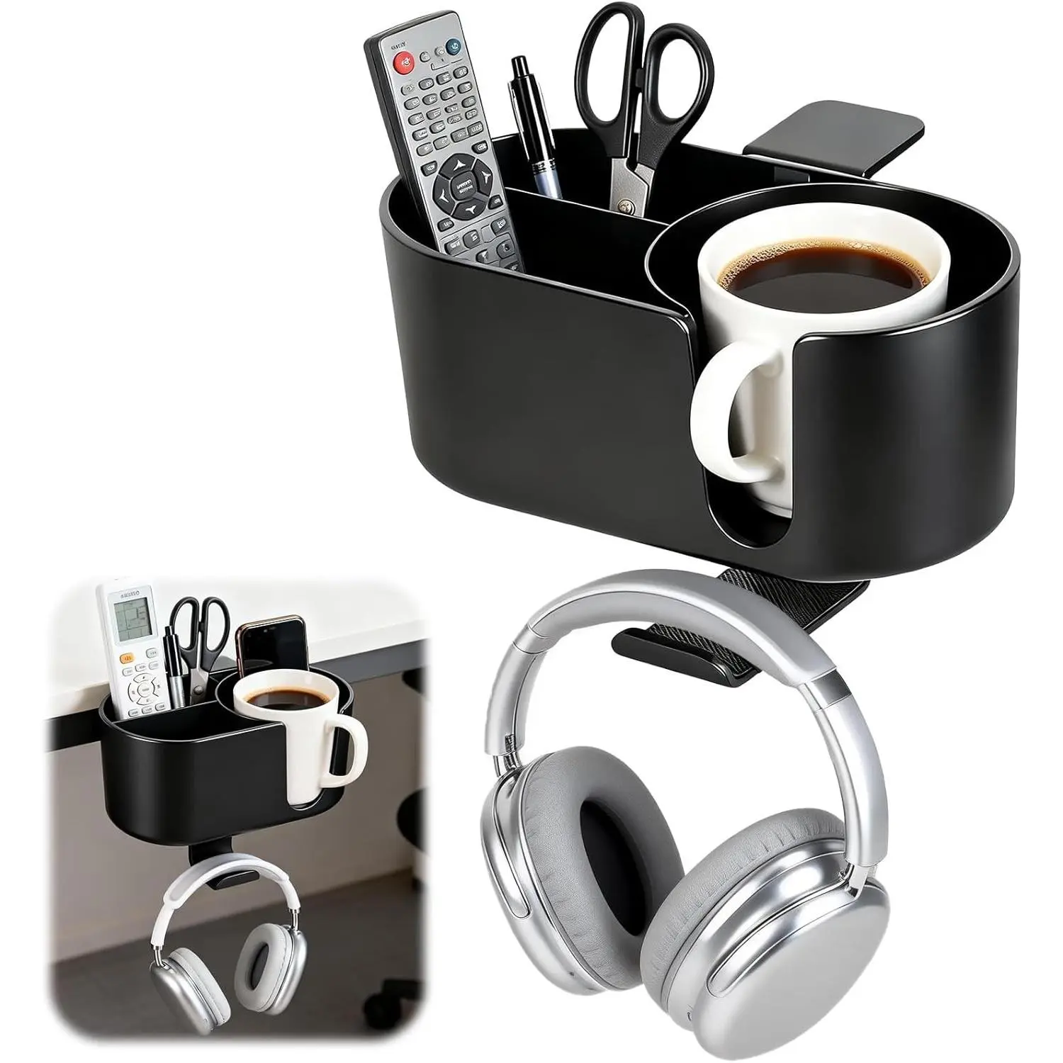 4 in 1 Desk Cup Holder Clamp on Under Desk Headphone Detachable Pen Cup Holder Hanger Caddy Organizer for Office Table, Lawn Chair, Pontoon Boat