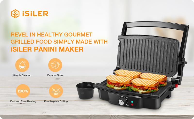 Panini Maker, iSiLER 2 Slice Panini Press Grill, Electric Sandwich Maker Non-Stick Coated Plates, Opens 180 Degrees for Cooking Breakfast Snacks