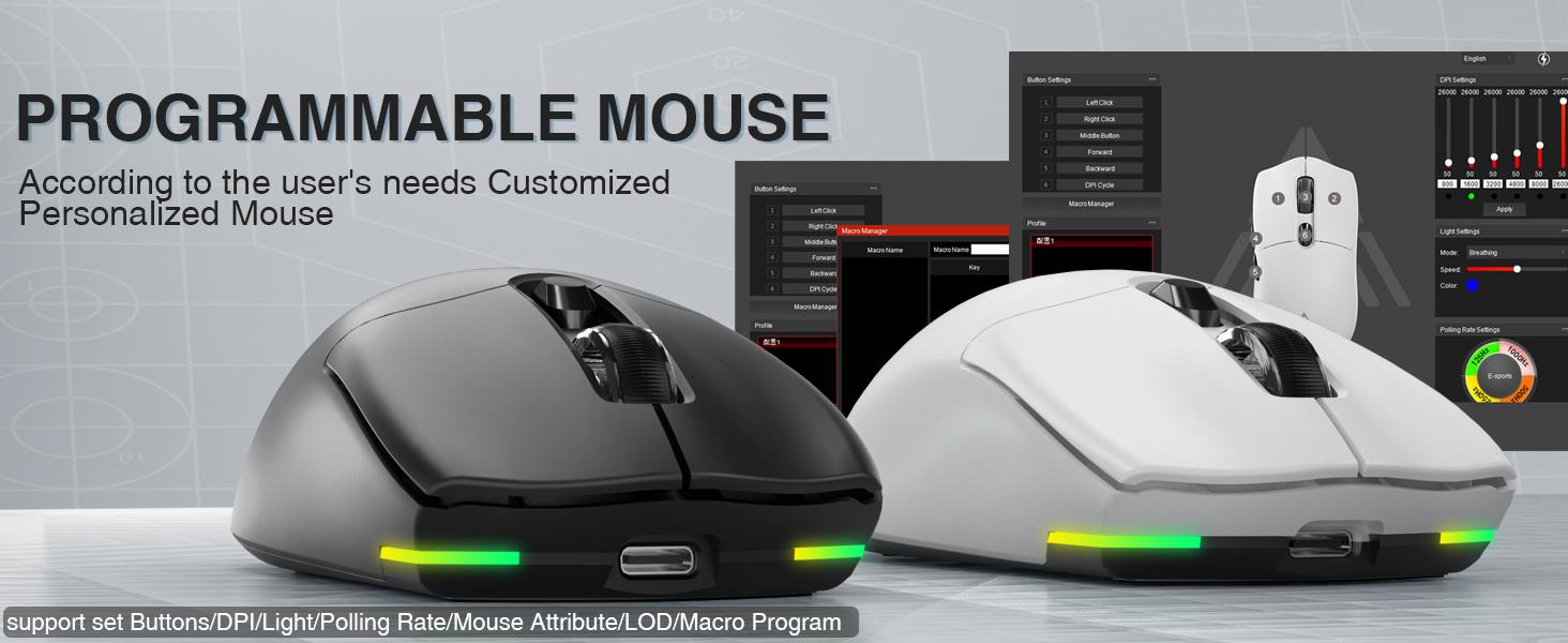 Solakaka SM800 wireless gaming mouse with 26,000 DPI, three-mode connection 2.4GHz wireless Suitable for all FPS games. Gaming mouse with anti-slip stickers and ergonomic design