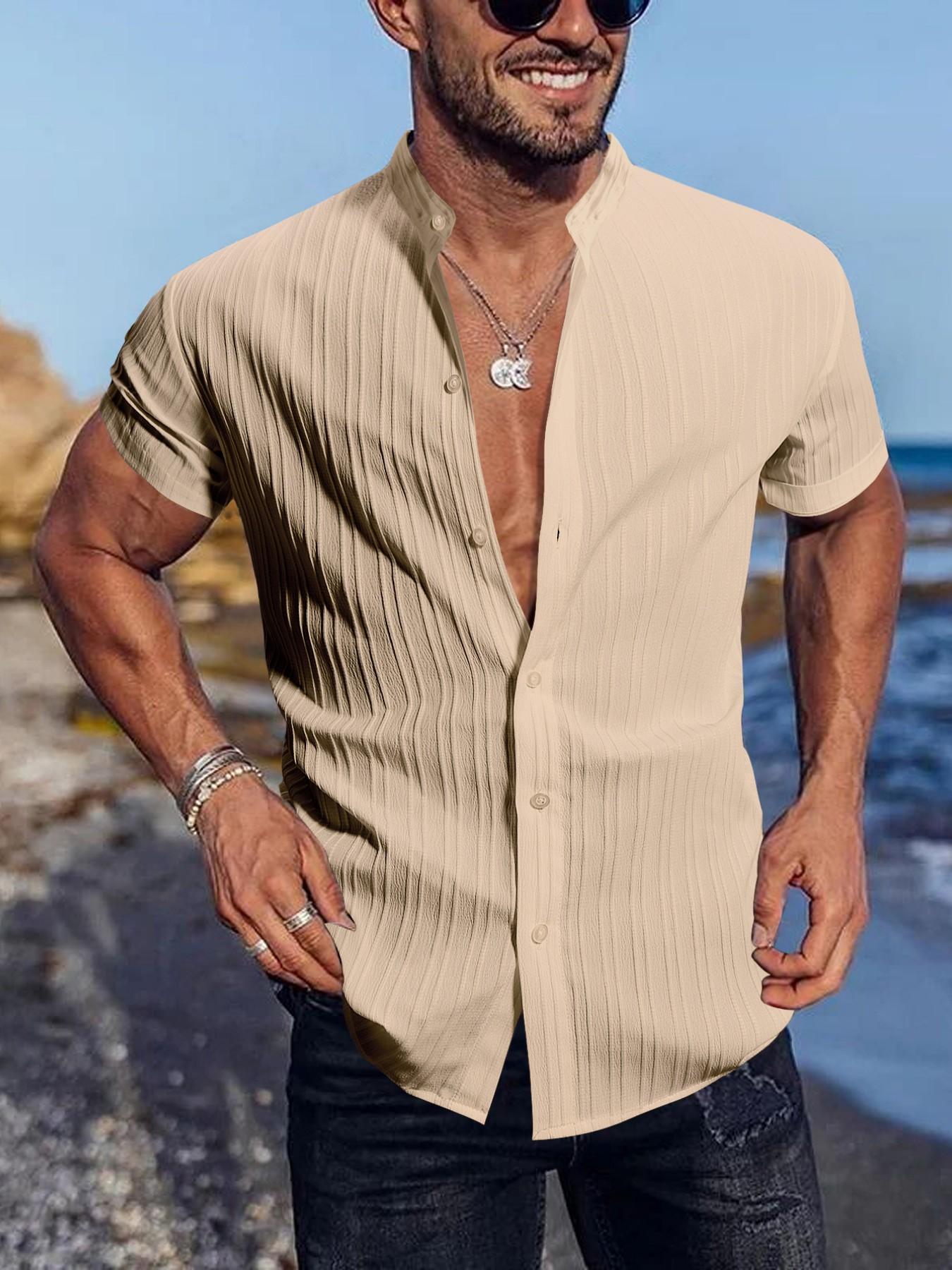 Men's Summer Solid Striped Casual Short Sleeve Stand Collar Menswear Shirt, Breathable Comfort Button-Up Top, Fashion Versatile Shirt for Daily Wear, Beach Vacation, Beachy Shirt