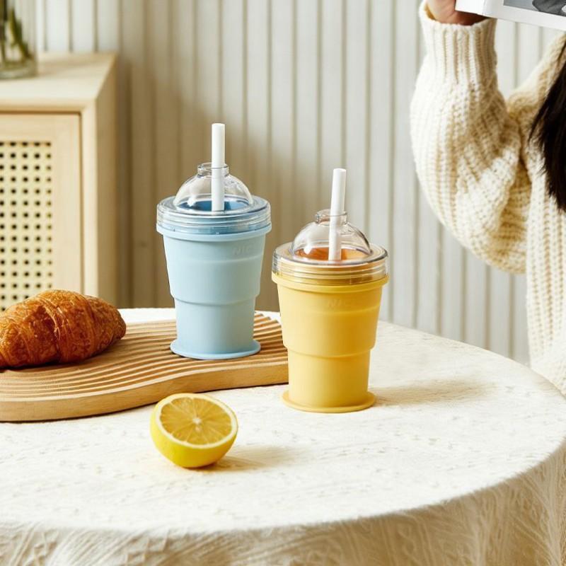 1pc Creative Transparent Silicone Ice Ball Cup - Food Grade Ice Maker, Ice Cube Mold - Summer Portable Foldable Tumbler - Portable Collapsible Water ottle, 2-in-1 Design Ice Mold Cup with Straw