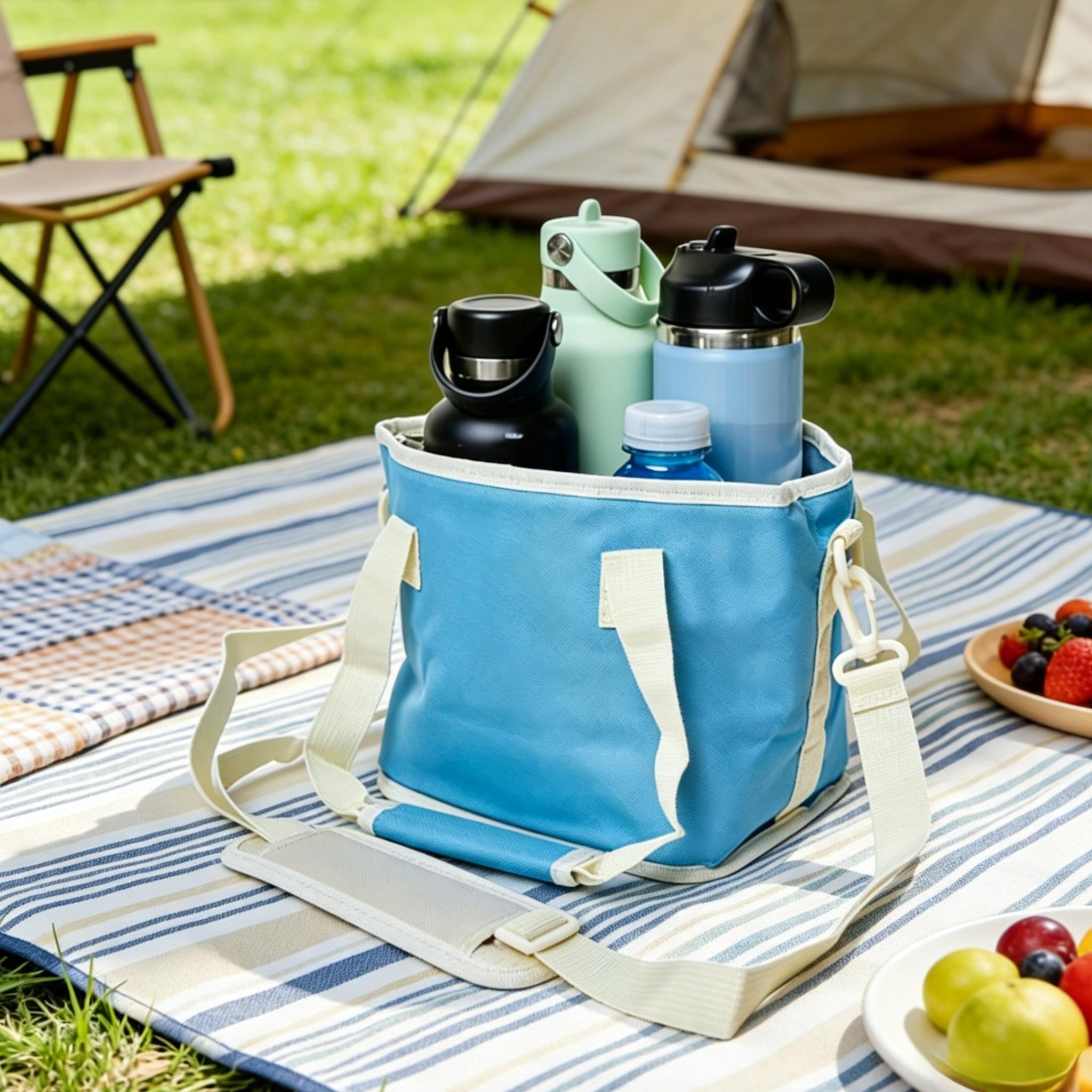 4 Compartment Insulated Drink Carrier Bag, Family Size Tumbler Caddy with Adjustable Strap, Reusable Drink Holder for Hiking, Camping, Sports & Family Outings, Blue/Black Available