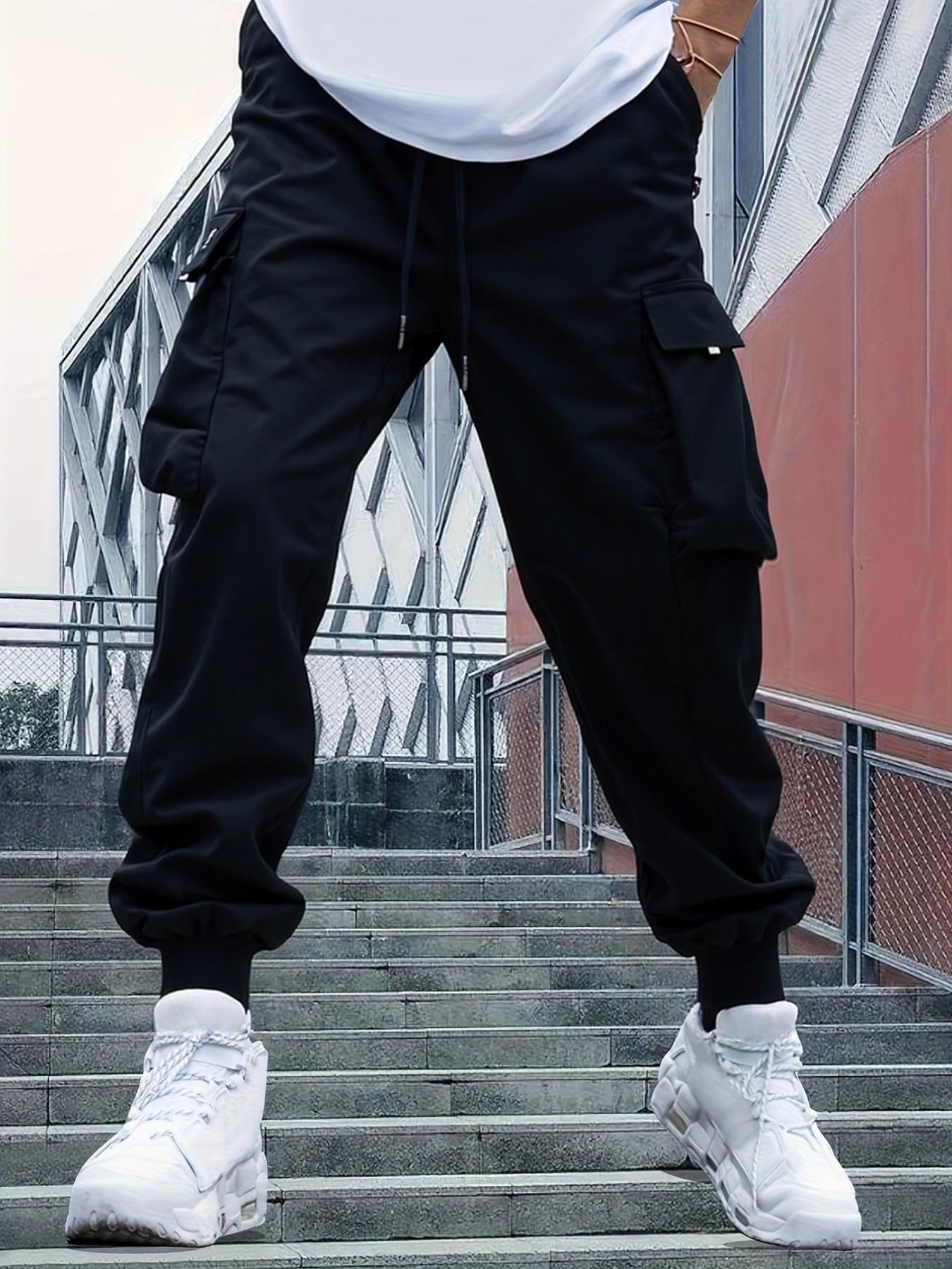 Men's Versatile Work Pants, Plain Color, Durable Utility Pants, Practical Large Pockets, Fashion Drawstring, Comfortable Fit, Stylish, All Seasons