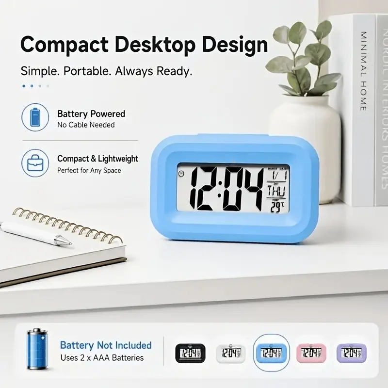 Square LCD Digital Alarm Clock, Battery Operated Bedside Clock with Snooze, Battery Powered Alarm Clock, 12/24 Hour Time Format, Small Electronic Desk Clock for Heavy Sleepers, Bedroom, Travel, Office