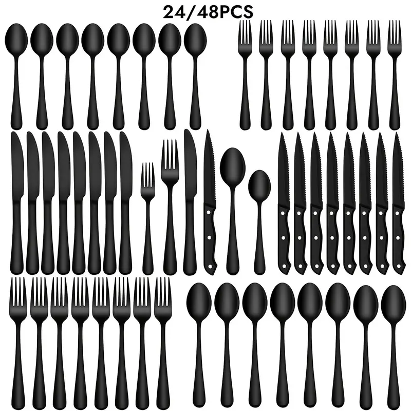 24pcs Black Silverware Set Steak Knives 4/8 Person Christmas Stainless Steel Cutlery Mirror Polished Dishwasher Safe Kitchen Utensils for Family Party Dinnerware Set with Forks Spoons