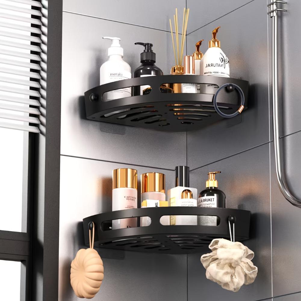 2-Pack Triangular Shower Rack, Three-Tier Corner Storage Shelf, No-Drill Wall-Mounted Bathroom Organizer, Adhesive Corner Holder
