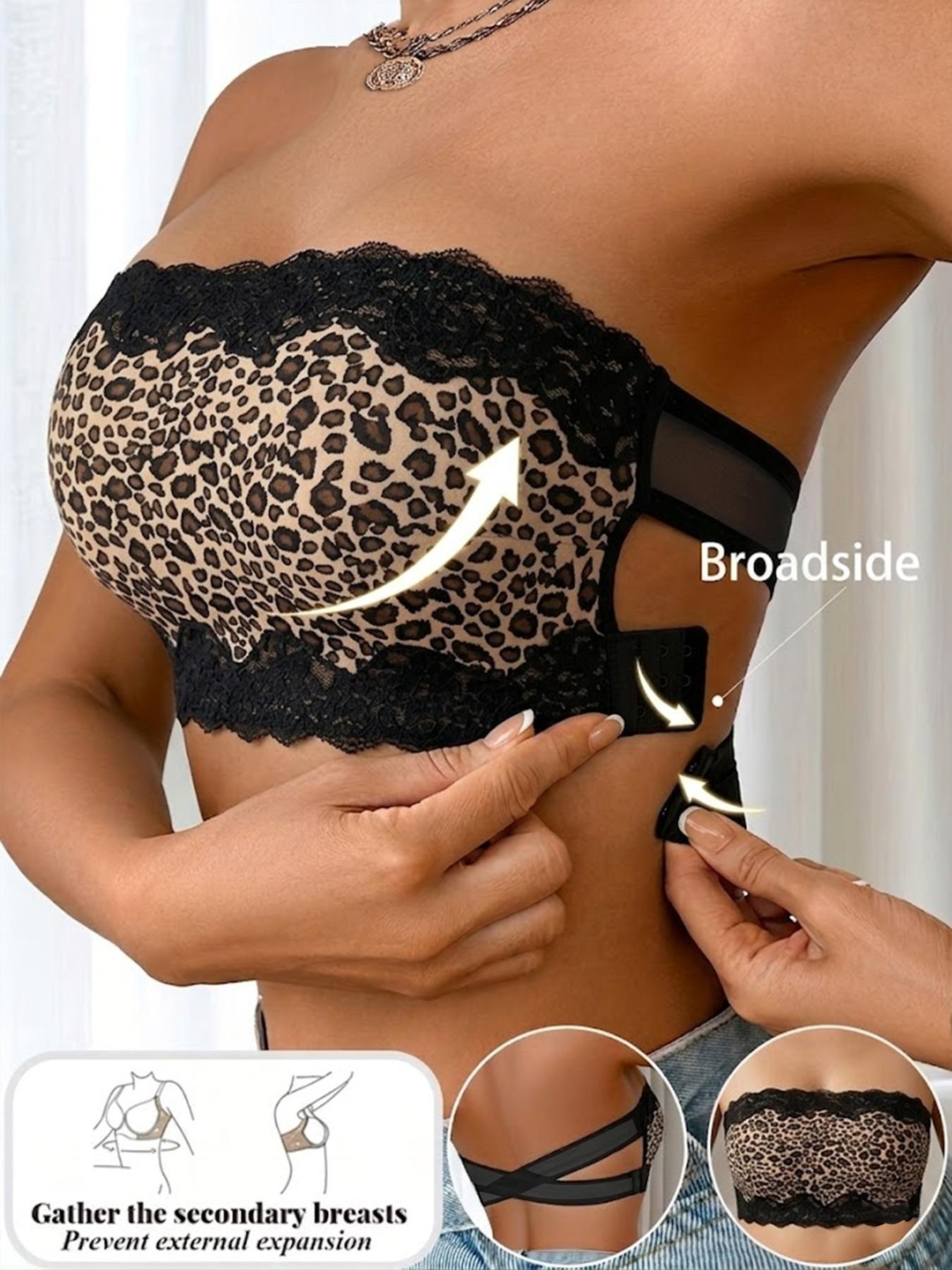 Women's seamless leopard print bra, strapless, cross-back design, casual and comfortable, minimalist see-through, wireless, black, invisible basic, adjustable bra, leopard print top