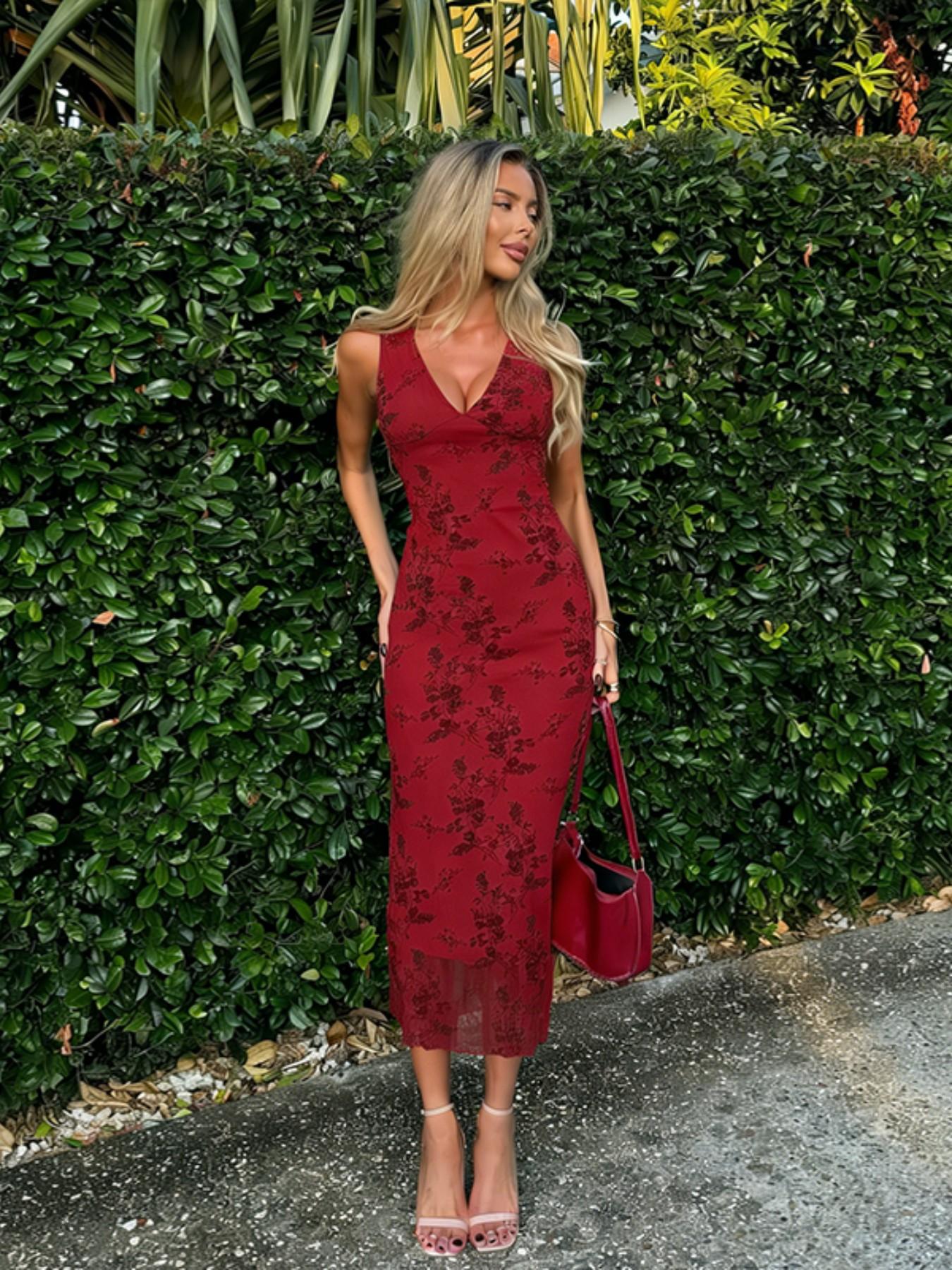 Women's Floral Print Knit Deep V Neck A Line Dress, Elegant Sleeveless Plunge Neck Bodycon Long Dress, Ladies Summer Clothes for Party Holiday Wedding Guest, Summer Dresses - TikTok Shop Women's Floral Print Knit Deep V Neck A Line Dress, Elegant Sleeveless Plunge Neck Bodycon Long Dress, Ladies Summer Clothes for Party Holiday Wedding Guest, Summer Dresses - TikTok Shop