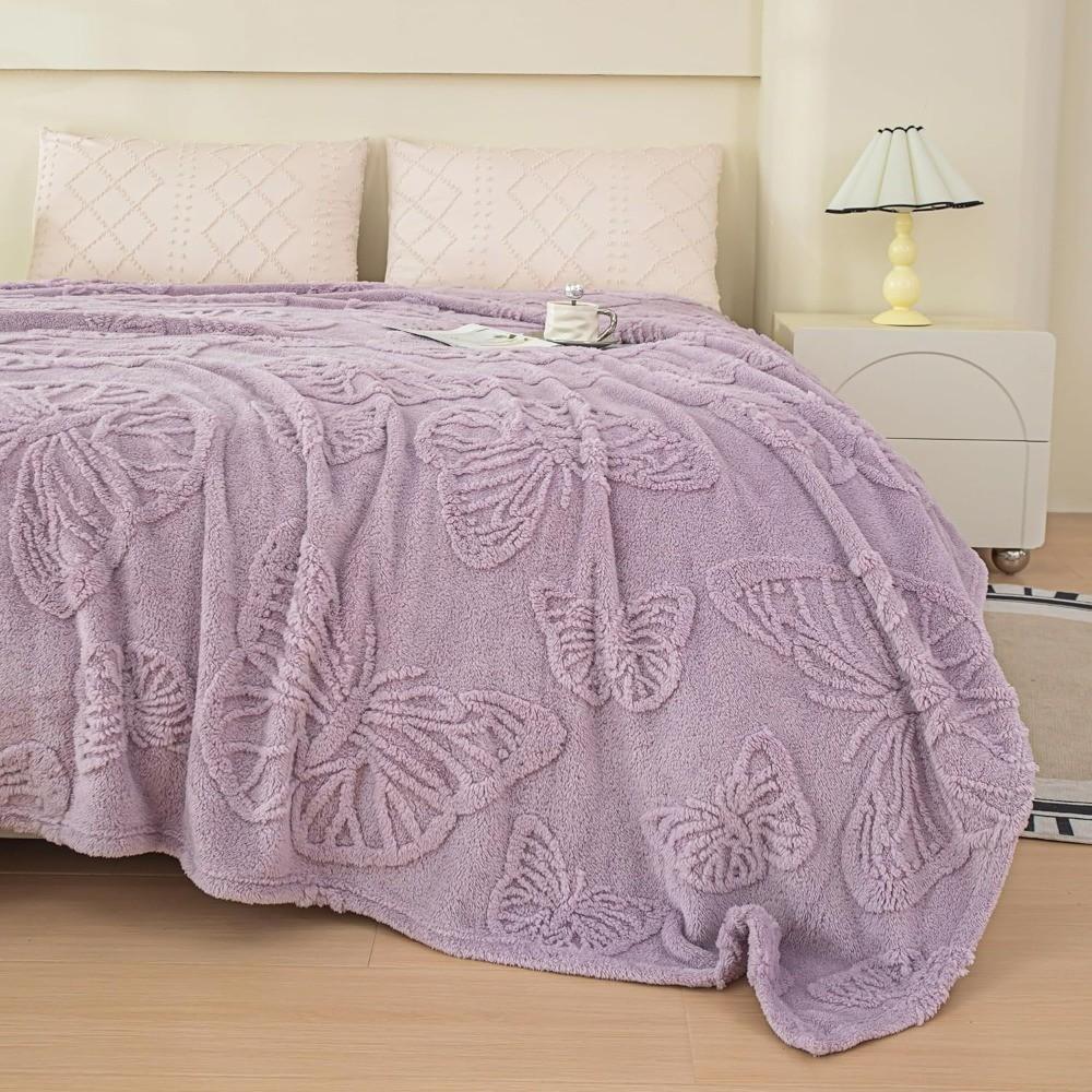 Wool Butterfly Blanket for Sofa Bed, 3D Embroidered Soft Flannel, All-Season Size, Comfortable for Bed Couch Office Camping