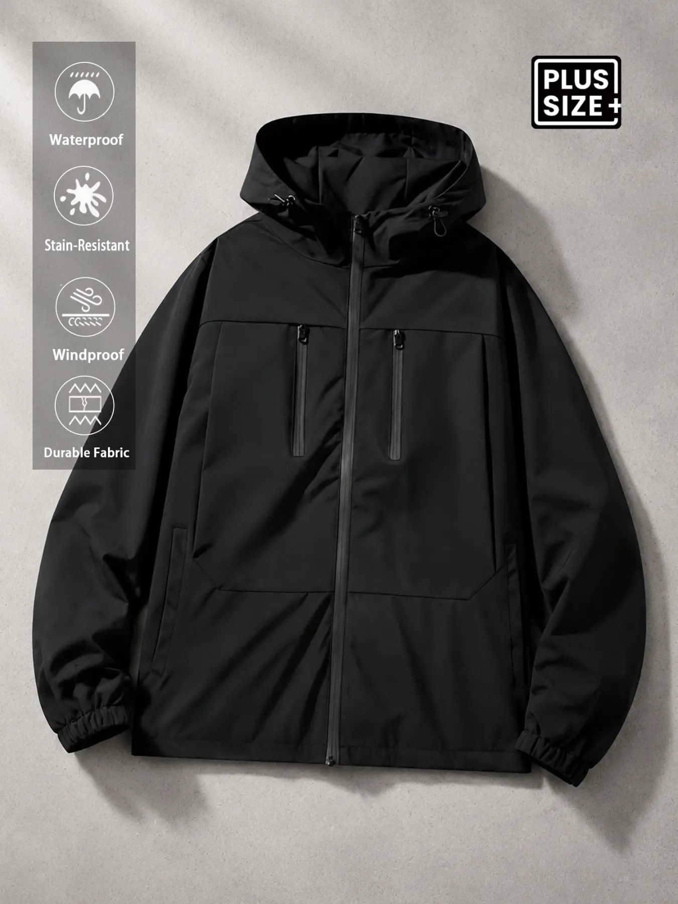 Men's Large Size Hooded Windbreaker, Simple Anti-Wind Jacket with Drawstring Hem, Urban Commute Style, Casual Outerwear for Men