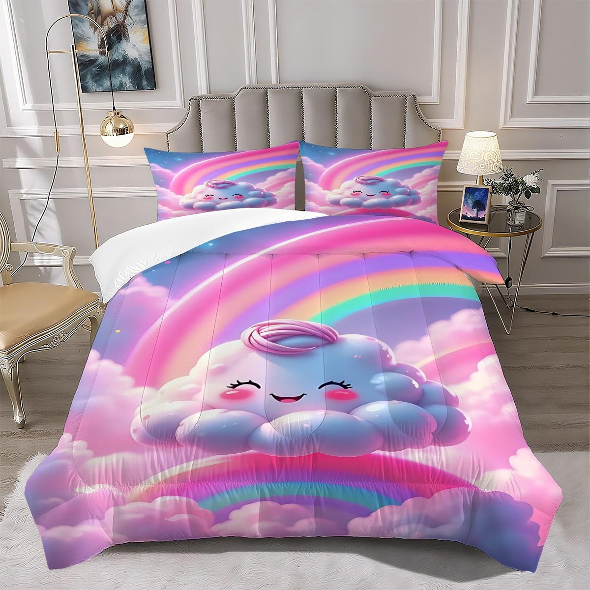 2/3 Dreamy and Cute Style Comfortable Comforter Set, Using Cute Cloud Printed Quilted Bedding Set, Soft and Breathable, Creating A Dreamy Atmosphere for A Girlish Bedroom. Includes 1 or 2 Pillowcases (Excluding Pillow Core).