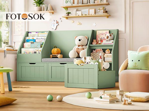 FOTOSOK 55.1'' Kids Bookshelf with Reading Nook, Toy Storage Organizer with Seat Cushion and 3 Movable Drawers, Kids Reading Nook Toy Organizers and Storage with Bench for Playroom