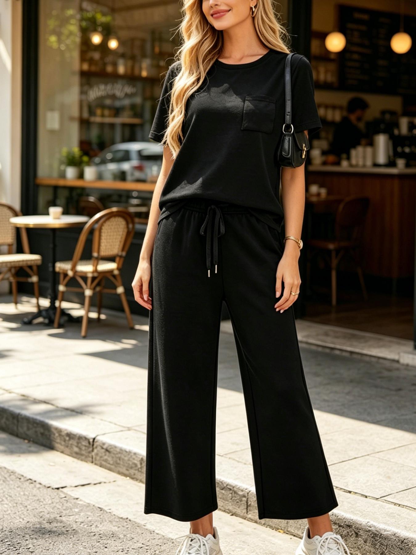 Women's Fashion Womenswear Solid Color Casual Round Neck Pocket T-Shirt + Drawstring Wide Leg Pants Set Loose Fit Slimming Wide Leg Pants Two-Piece Set Suitable for Summer Commuting to Work Shopping Outings Indoor and Outdoor Wear