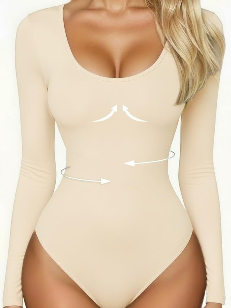 Women's Ribbed Abdomen Control Bodysuit, Long Sleeve Seamless T-Shirt, Comfortable Scoop Neck Bodysuit Stretchy Basic Tops, Fit Soft Elastic Fabric, Perfect for Daily Wear and Going Out, Shapewear for Fall&Winter