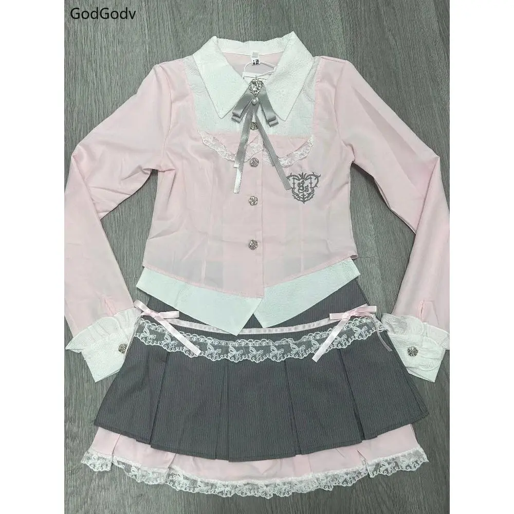 Spring Y2K Princess Outfits Women 2 Piece Sets Sweet Kawaii Bow Tops + Lace Pleated Skirt Female Retro Chic Preppy Style Clothes