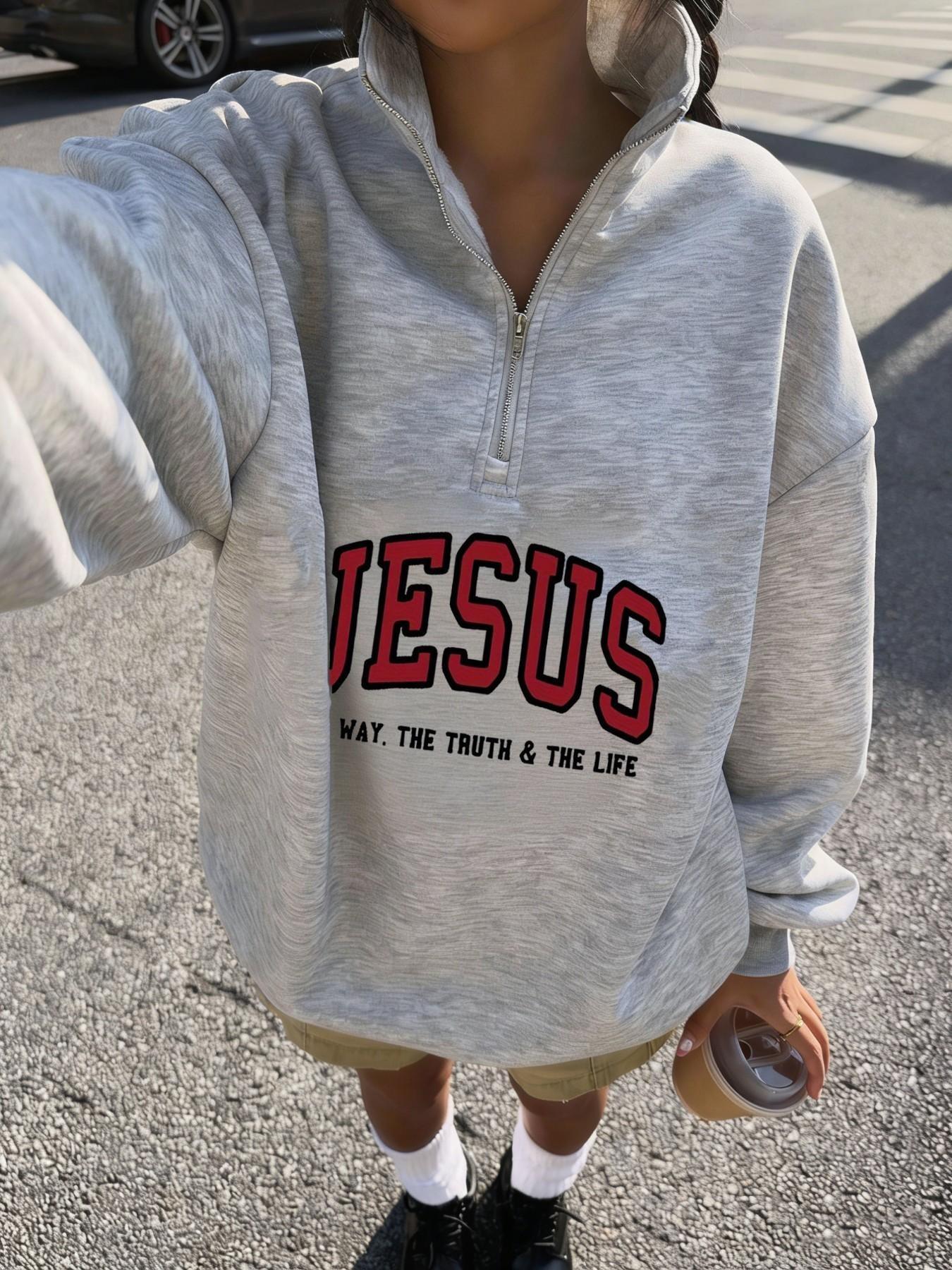 "JESUS" Aesthetic Half Zip Oversized Long Sleeve Sweatshirt, Y2K Christian Graphic Hoodie, Cozy Fleece Drop Shoulder Pullover, Vintage Washed Finish, Daily & Streetwear, Religious Print Top, Casual Pullover Tops, Womenswear