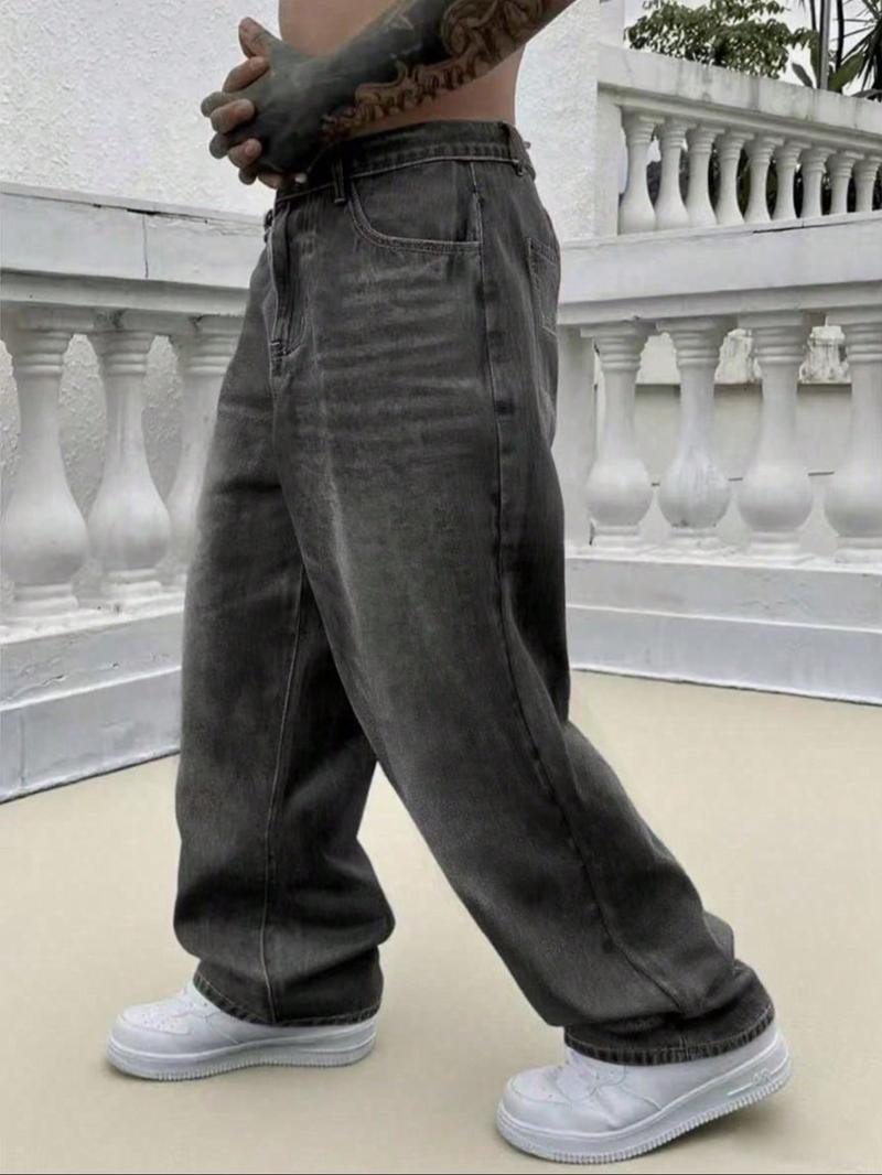 Men's Loose-Fit Denim Jeans, Fashionable Street Style Hip-Hop Washed Jean Pants, Comfortable All-Season Wear, Trendy American Design