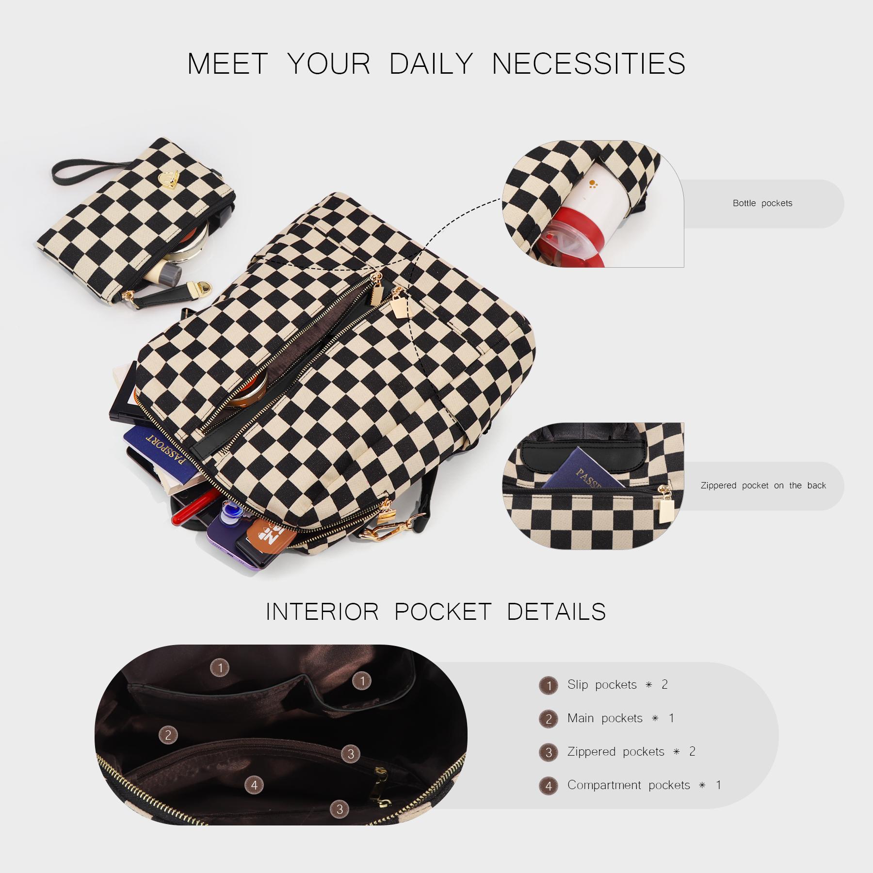 Checkerboard Pattern Backpack Set, Women'S Vintage Trendy Casual Large Capacity Zipper Travel Backpack & Wristlet, Multifunctional Bag Set For Daily Use