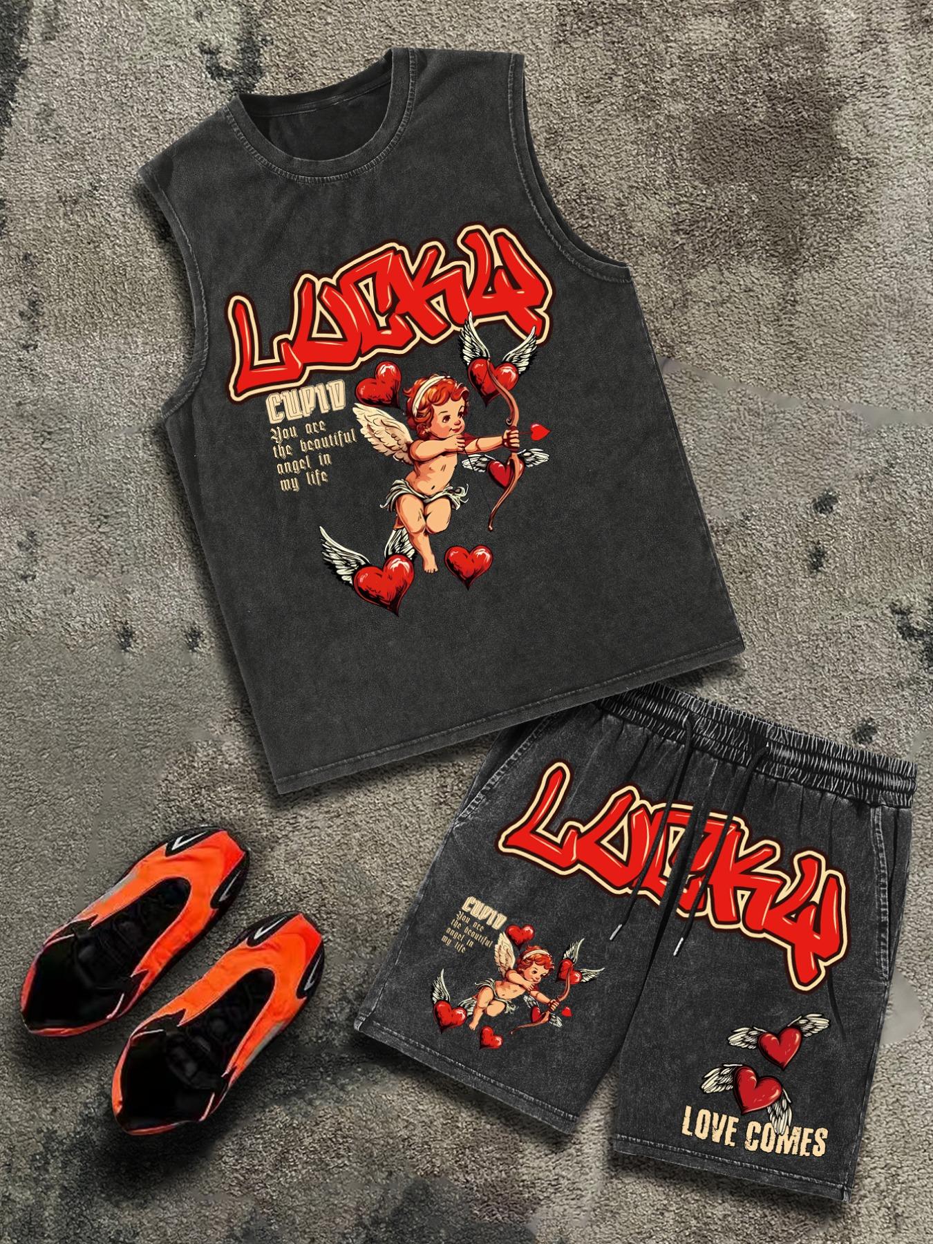 【Cotton】Men's Cartoon Print Tank Top & Letter Print Shorts Pyjama Two-Piece Set, Regular Fit Casual Comfy Round Neck Sleeveless Top & Shorts PJ Set, Men's Sleepwear for Summer Pajamas