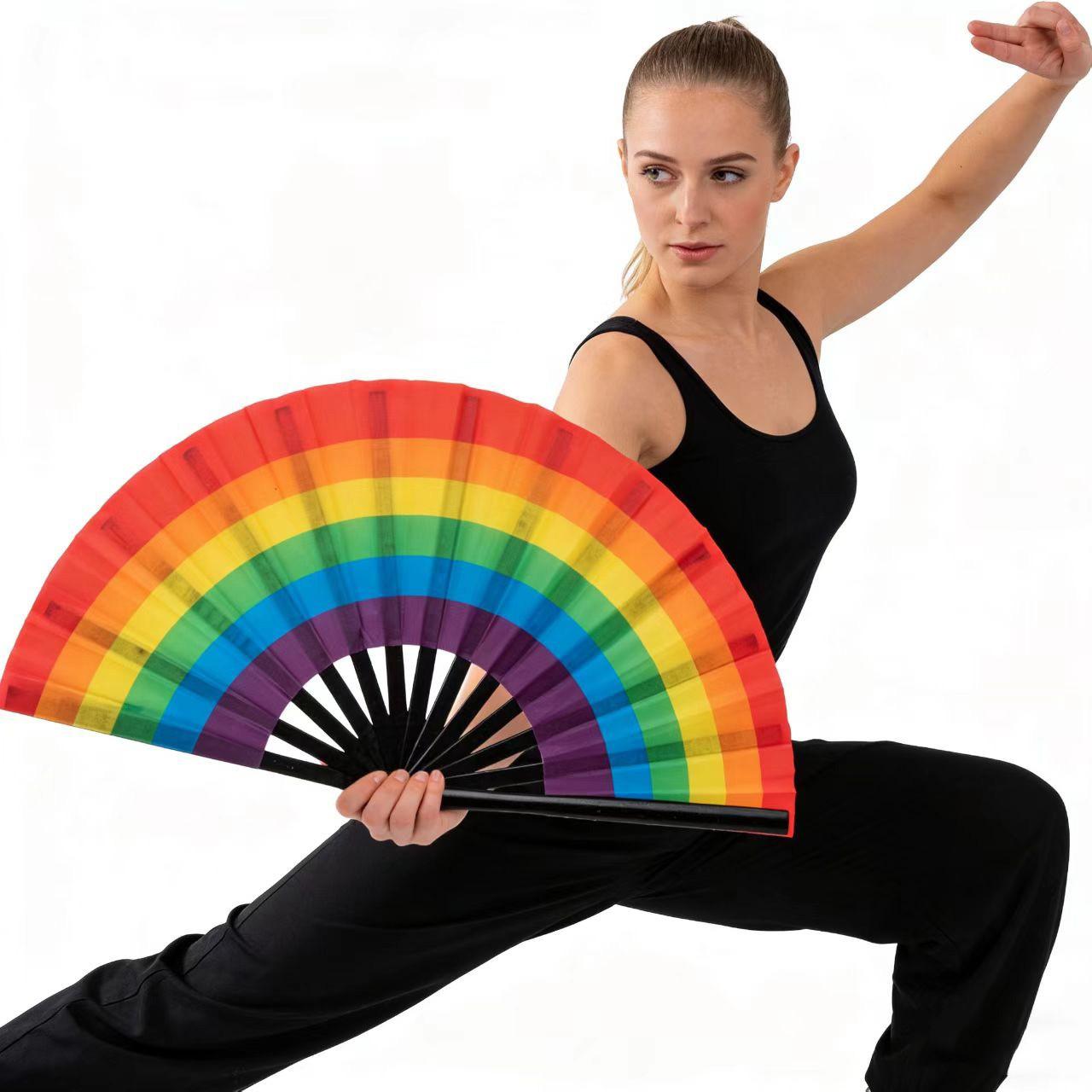 Large Rainbow Dance Kung Fu Folding Fan, Party Craft Gift Fan, Ladies Handheld Fan, Wedding Favor Fan, 1 or 2 Pieces
