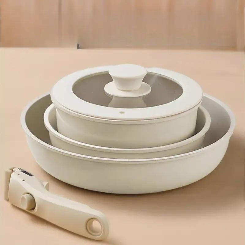 Portable Cookware Set - Lightweight non-stick removable cookware with pots and pans, space saving design suitable for small kitchens, easy to clean and compatible with electric stoves