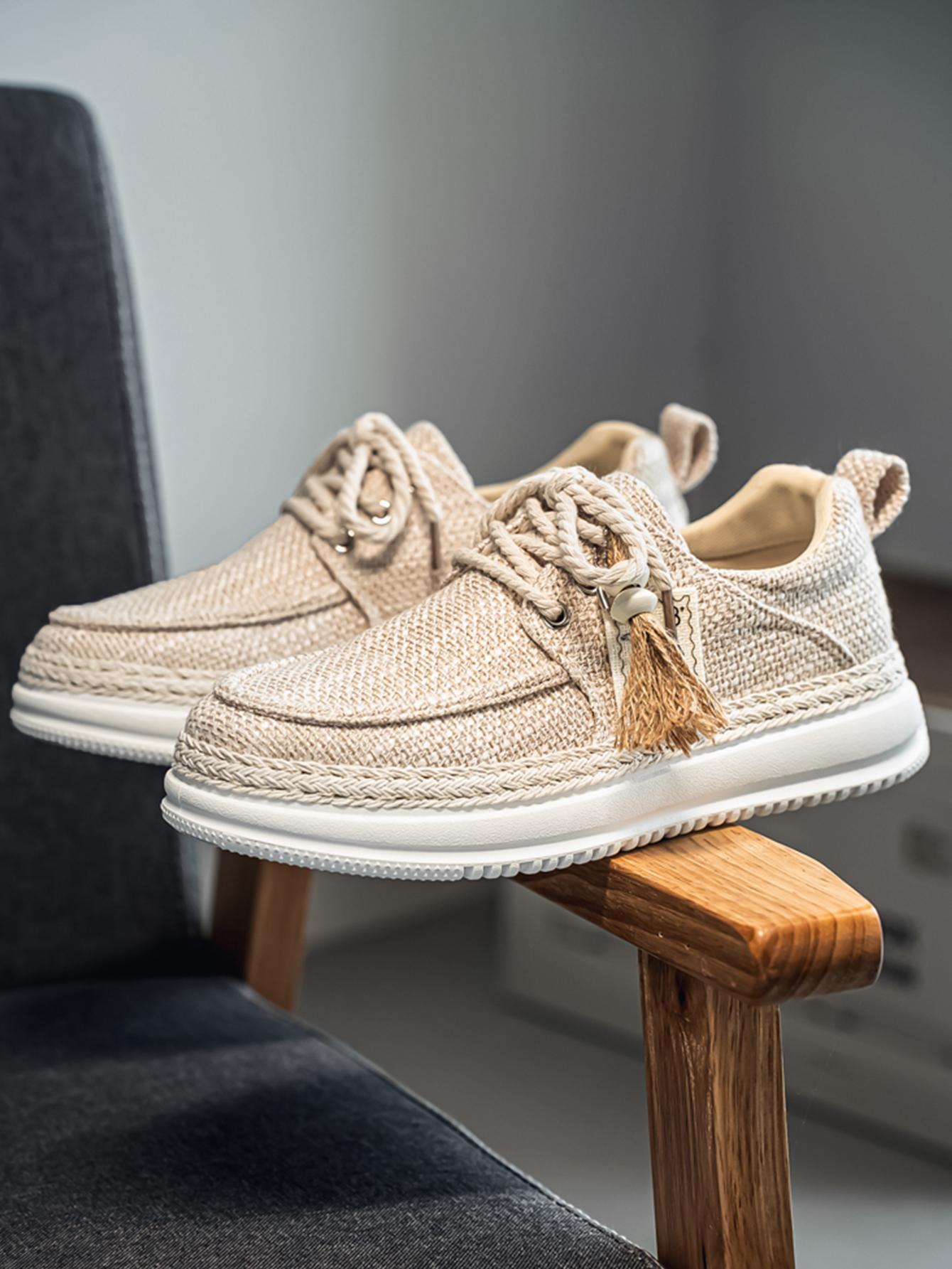 New Summer Men's Cotton Linen Shoes, Breathable Non-Stuffy, Straw Trim Fringe Design, Casual Retro Style, Perfect for Daily Wear
