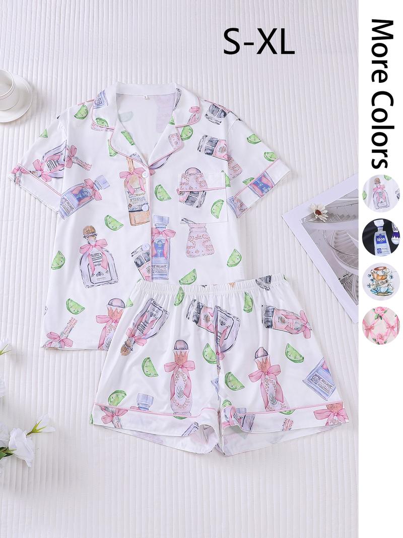 Women's All Over Print Lapel Shirt & Shorts Pajama Two-piece Set, Casual Comfy Short Sleeve Top & Elastic Waist Shorts Set, Ladies Summer Sleepwear, Pjs