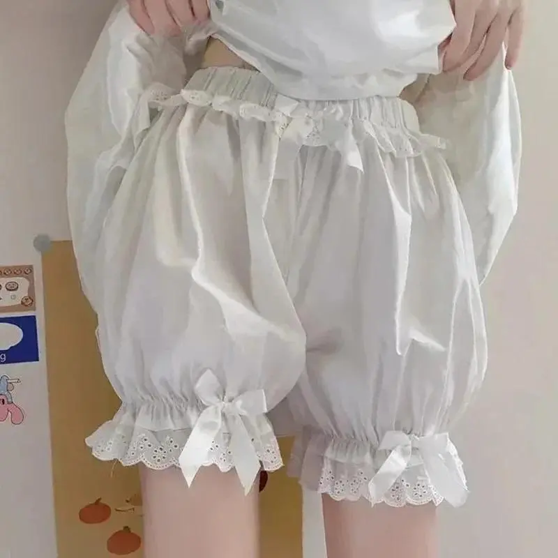White Pumpkin Bloomers with Bow Lace Trim Shorts Women Ruffled Safety Short Underpants Lolita Coquette Teen-girl Pettipants