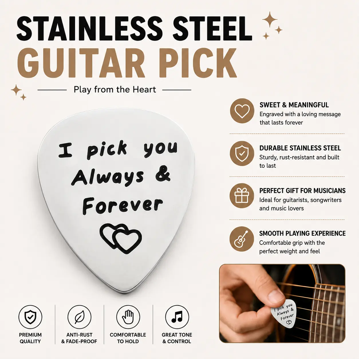 Guitar Pick, Stainless Steel Guitar Pick, Engraved Heart Guitar Pick, Music Accessories for Birthdays, Anniversaries-YY0