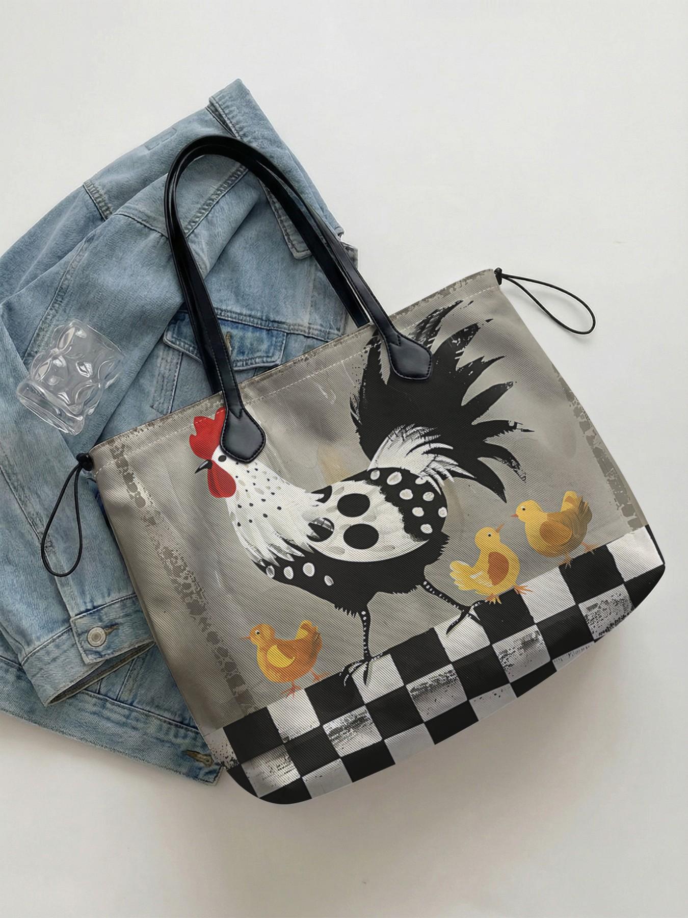 Rooster Pattern 2D Printed Drawstring Tote Bag, Large Capacity Shopping Bag, Durable All Season Use, Ideal for Work, Shopping, Picnic, Travel Tote