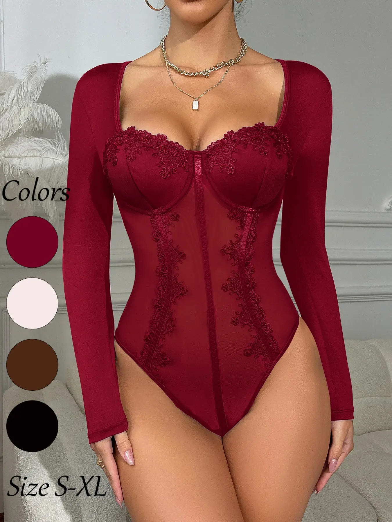 Sexy Plain Color Square Neck Long Sleeve Bodysuit, Contrast Lace Design, Fitted Waist, Spring & Fall Daily Wear