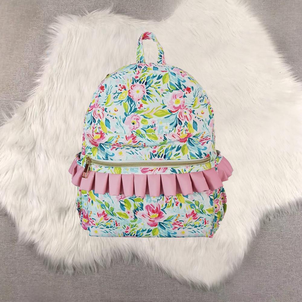 New Clothes Floral Print Backpack with Pink Ruffles and Zipper Closure for Girls