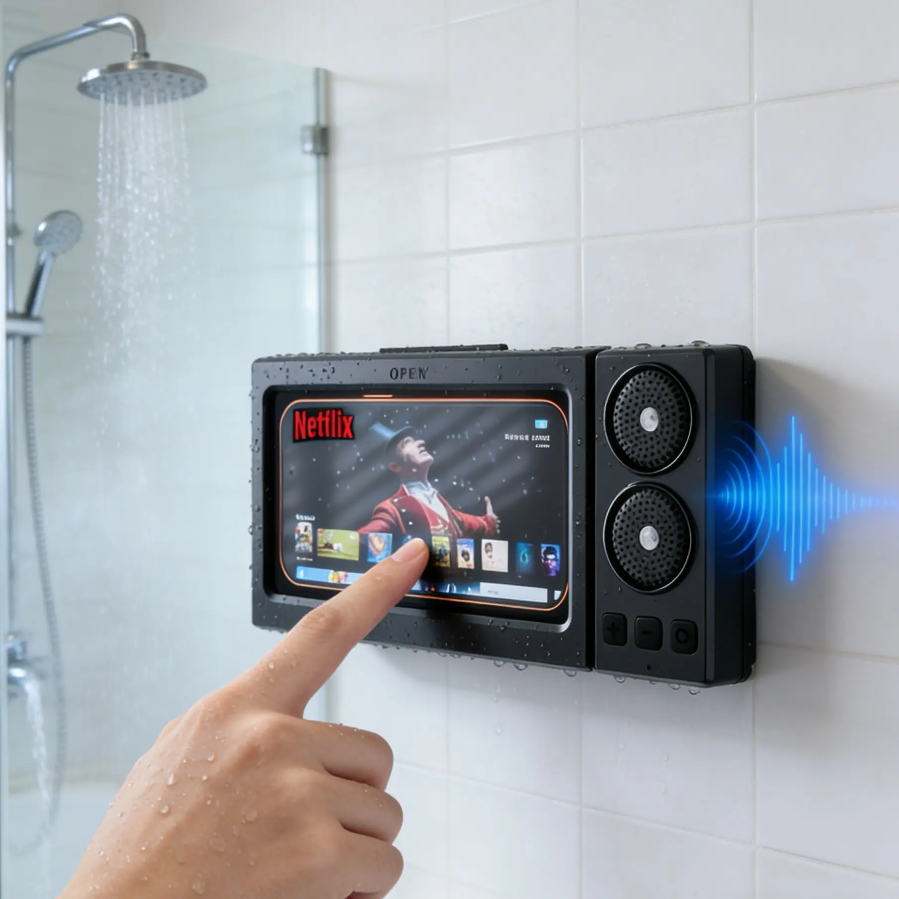 Waterproof box speaker, 360° rotating touch screen, Bluetooth speaker, Portable waterproof speaker, watch movies, listen to music, phone & shower TV holder, swimming pool, kitchen, Rechargeable Waterproof Speaker