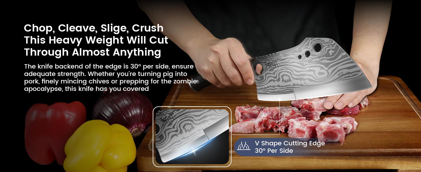 【TikTokShopSpringGlowUp】SYOKAMI Meat Cleaver Chef Knife with Sheath, 7.7 Inch Multifunction Butcher Knife with Herb Stripper, Chopping Knife Heavy Duty Bone Cutting, Damascus Pattern Full Tang Wood Handle, Christmas, Mother's Day Gifts