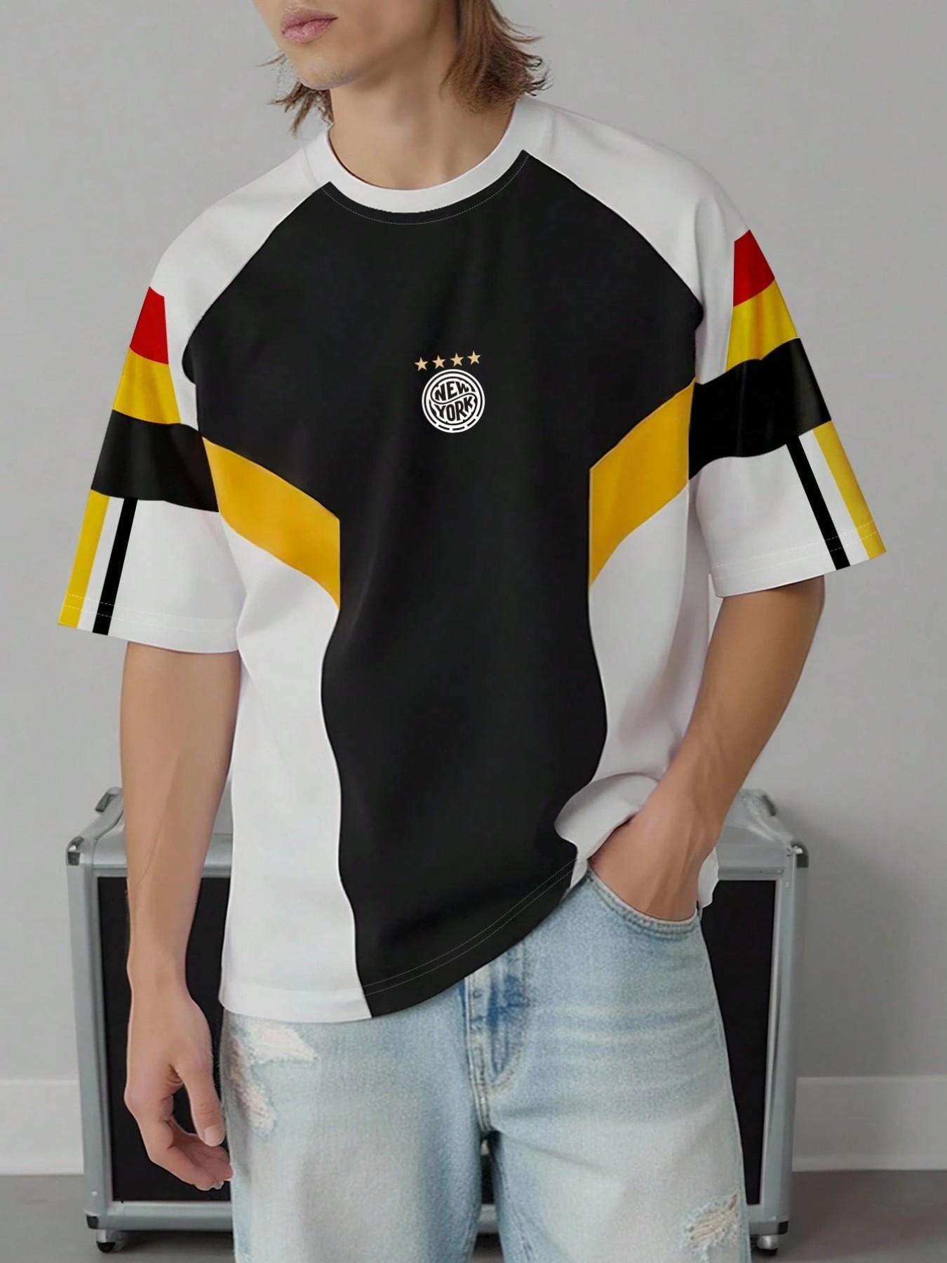 Y2K Street Color Block T-shirt | Black, White, Yellow, and Red Contrast Design, Retro Sports Color Block T-shirt with New York City Logo, Men's Casual Loose Version, Trendy Hip Hop Soccer Team Uniform Aesthetics, Daily Street Dressing