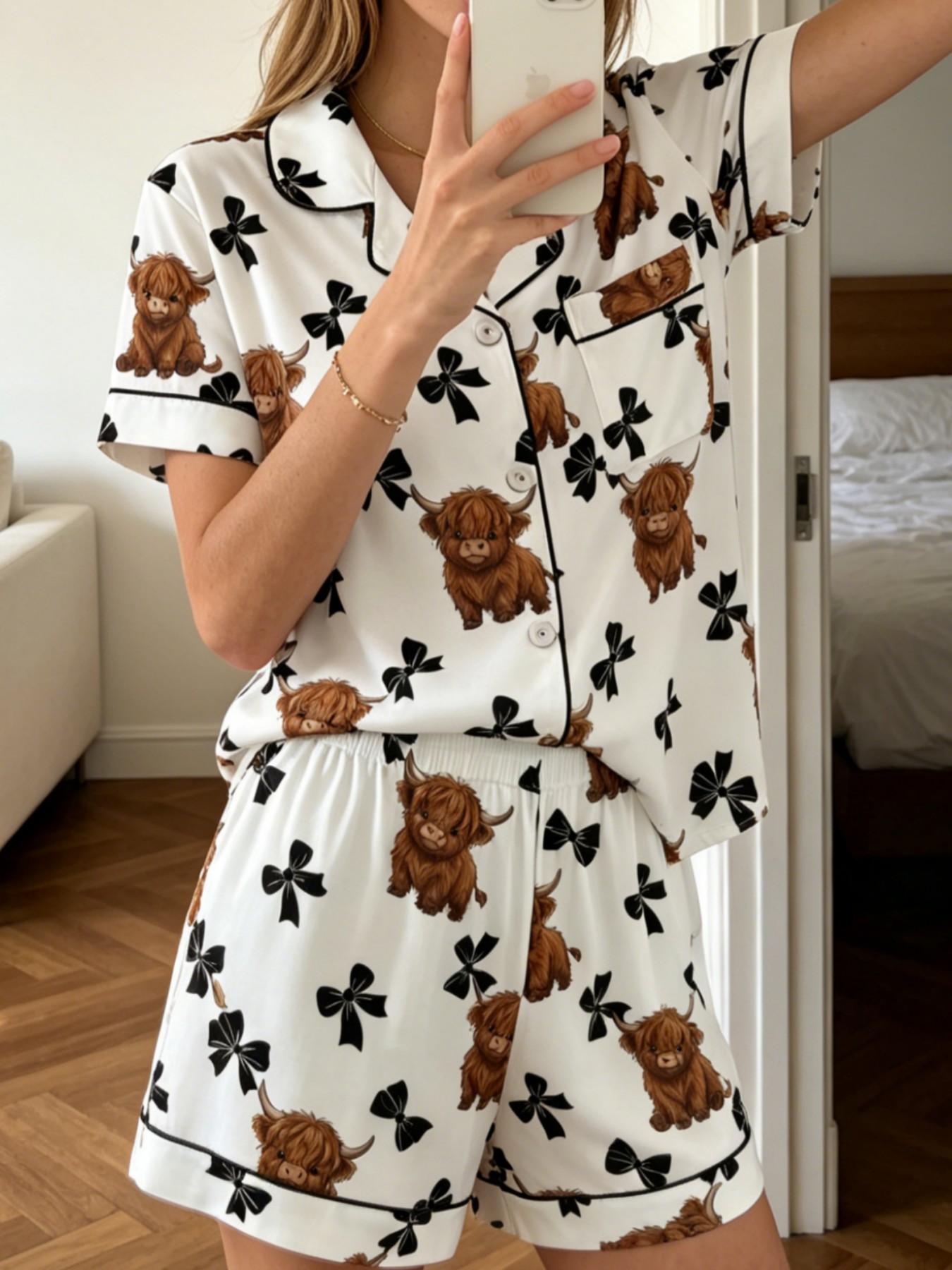 4-Piece Women's Pajamas & Loungewear Sets, Pjs Highland Cow Bow Knot Print Pink Stripe White Summer Short Sleeve Button Down Collar Chest Pocket Elastic Waist Shorts Contrast Trim Soft Breathable Relaxed Fit Sleepwear for Home