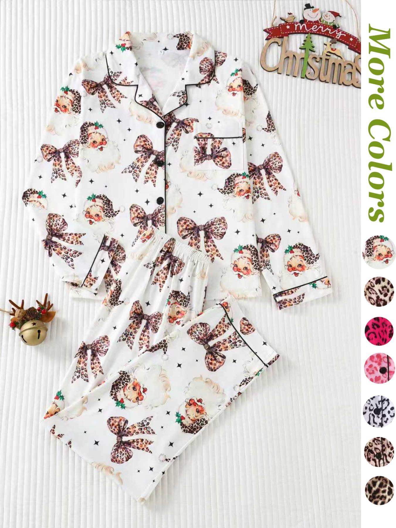 Women's Leopard Print Button Front Pocket Lapel Shirt & Elastic Waist Pants Pyjama Two-piece Set, Casual Comfy Pocket Long Sleeve Top & Trousers Pj Set, Women's Sleepwear for Spring & Fall, Loungewear Set Women, Leopard Print Pajamas