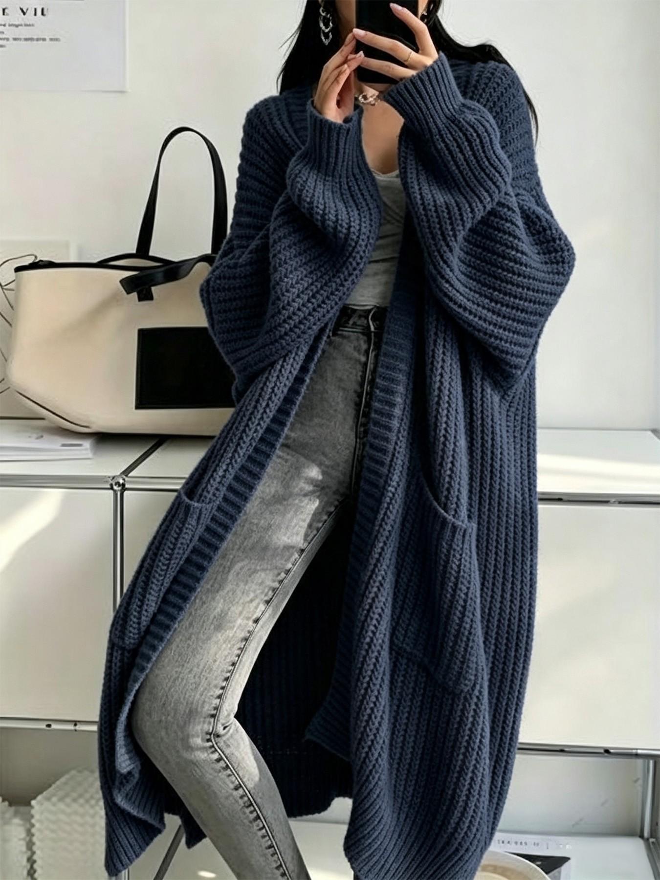 Women's Fashionable Elegant Casual Commuter Knit Long Cardigan, Long Sleeves, Stylish Versatile Outerwear for Fall and Winter, Comfortable and Warm Sweater Coat