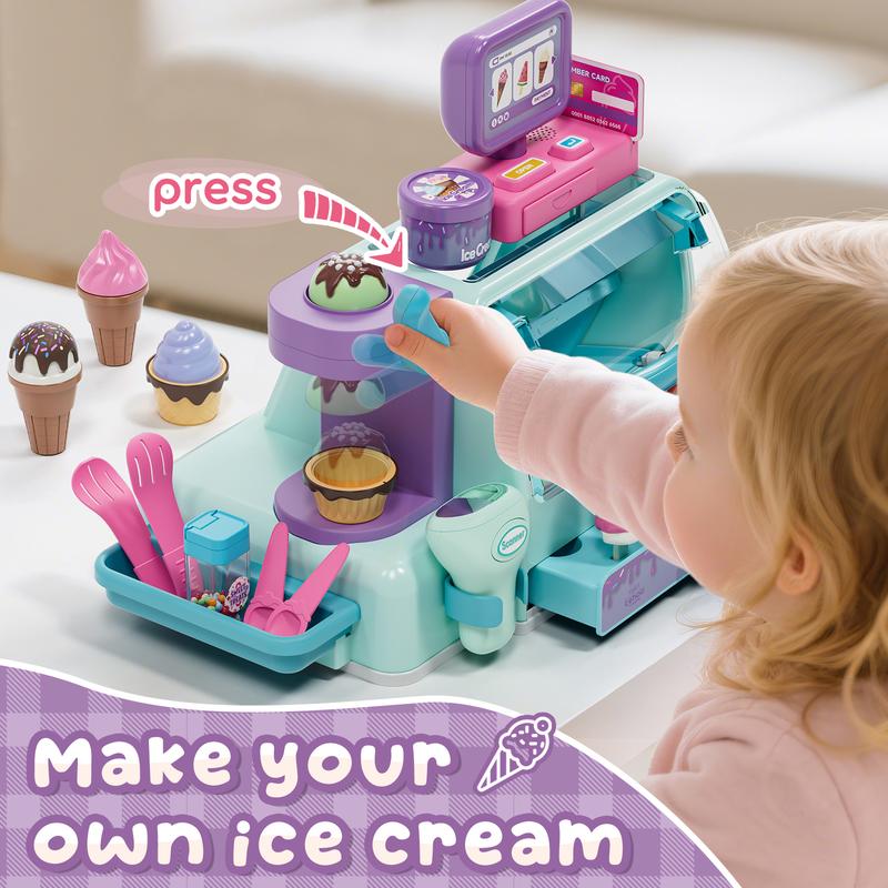Lehoo Castle 45 pcs Ice Cream Toys, Ice Cream Counter Playset with Sound and Light, Pretend Play Toy, Complete ice cream stand, Gift for Boys and Girls age3+