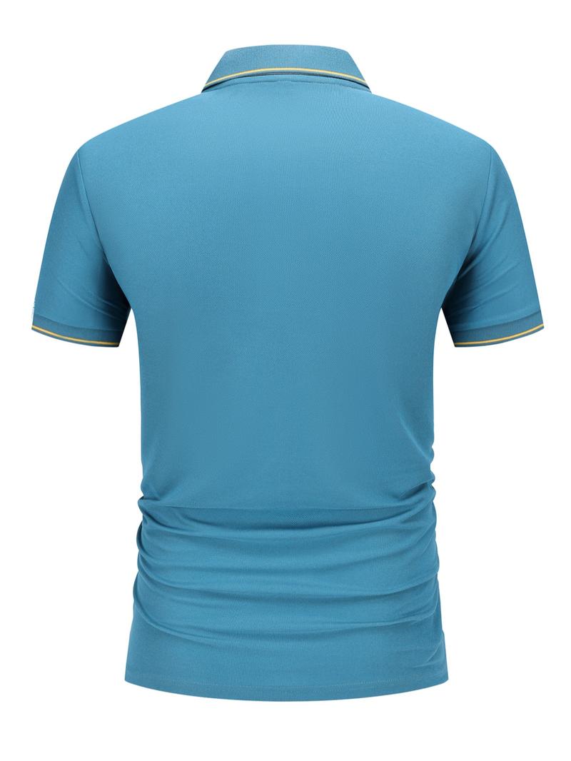 Men's Regular Fit Letter Embroidery Contrast Trim Polo Shirt, Casual Short Sleeve Half Zip Top for Summer, Fashion Men's Clothes for Daily Wear, Gamis, Solid Zipper Polo