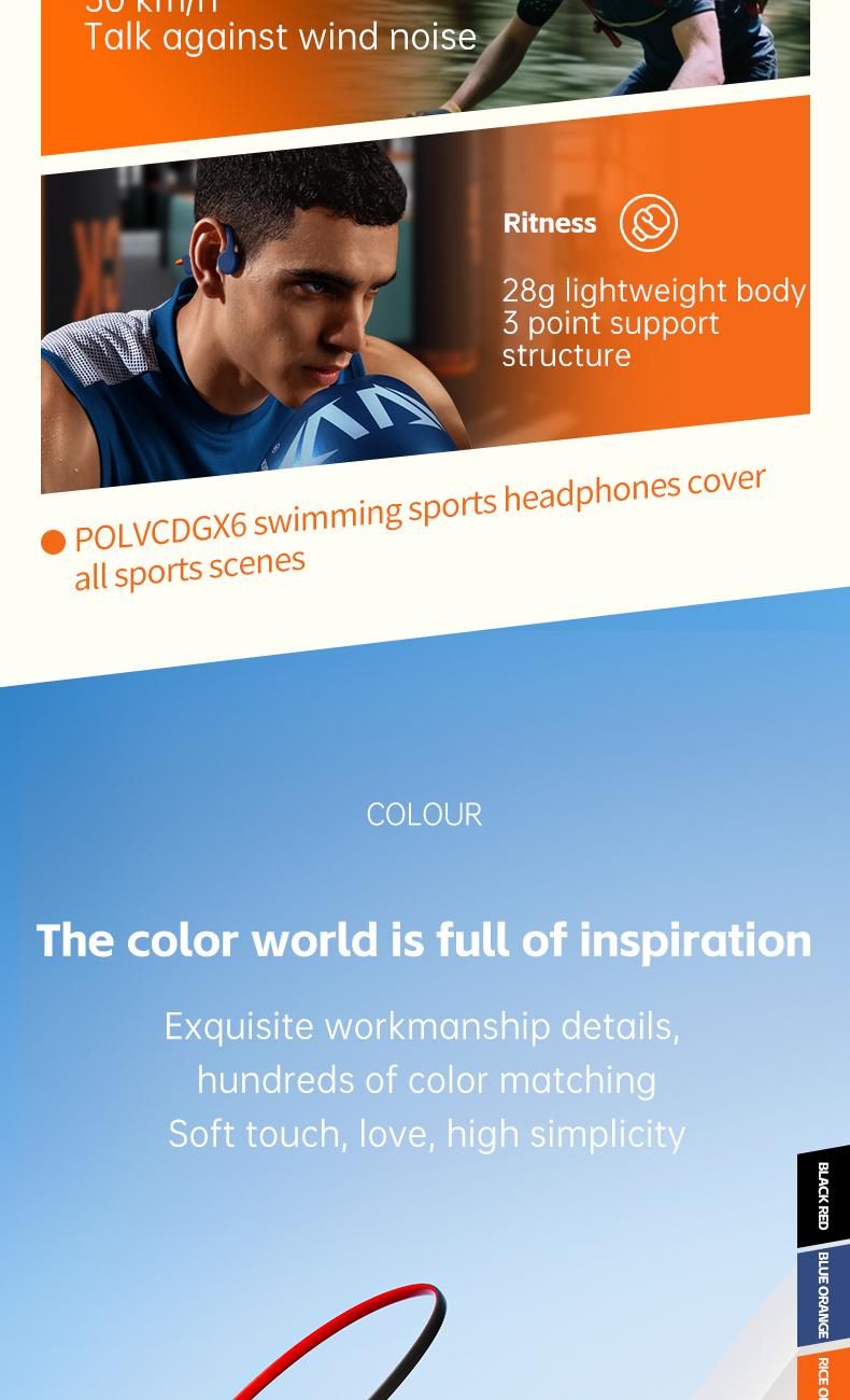 POLVCDG X6 wireless bone conduction headphones are deeply waterproof, 10 hours long battery life, 28g lightweight body 32GB large capacity.