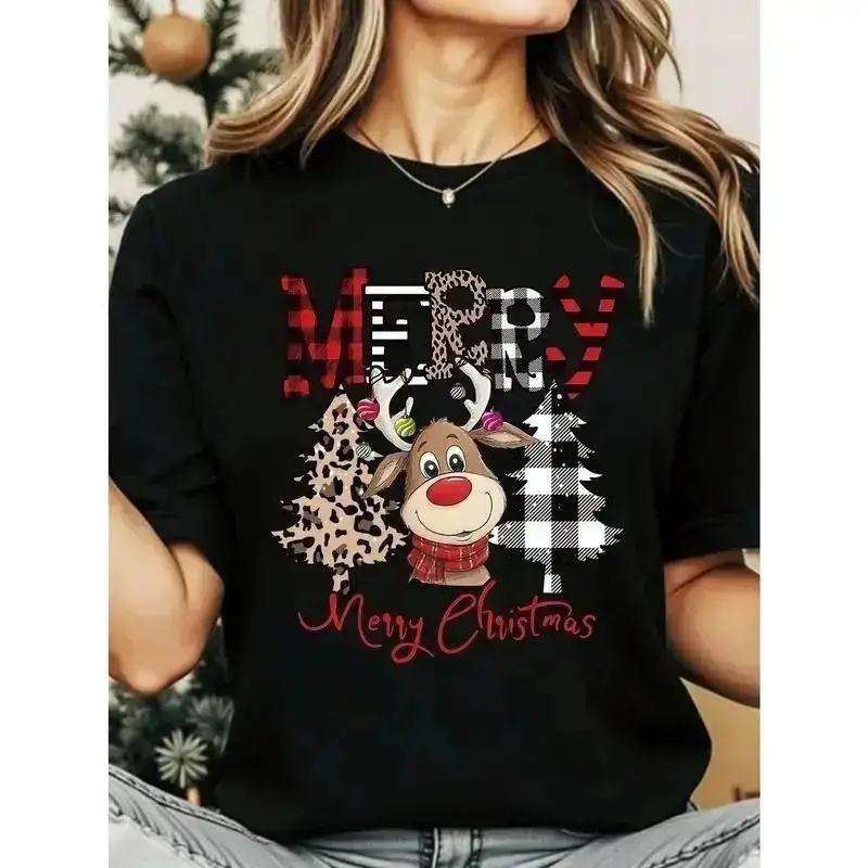 Merry Christmas Reindeer Graphic Print T-Shirt for Women, Cute Red Nose Reindeer and Leopard Print Christmas Tree Tee, Buffalo Plaid Holiday Shirt, Festive White Short Sleeve Top
